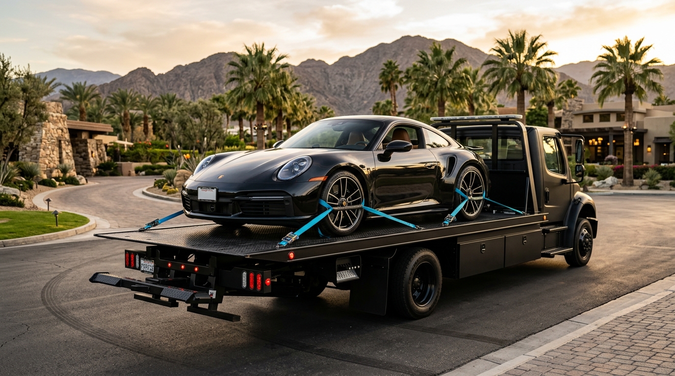 Porsche luxury sports car loaded on flatbed tow truck in Palm Desert California