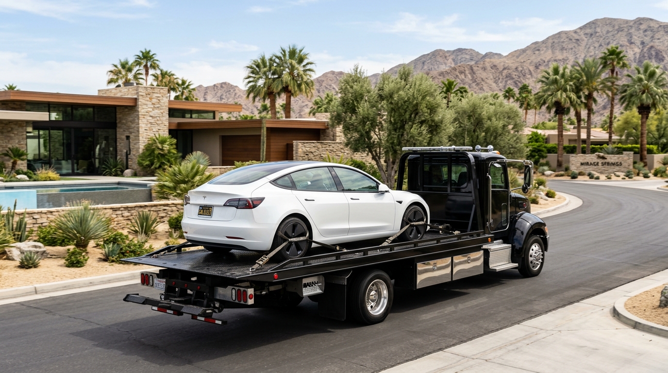 Tesla electric vehicle flatbed transport in Rancho Mirage California